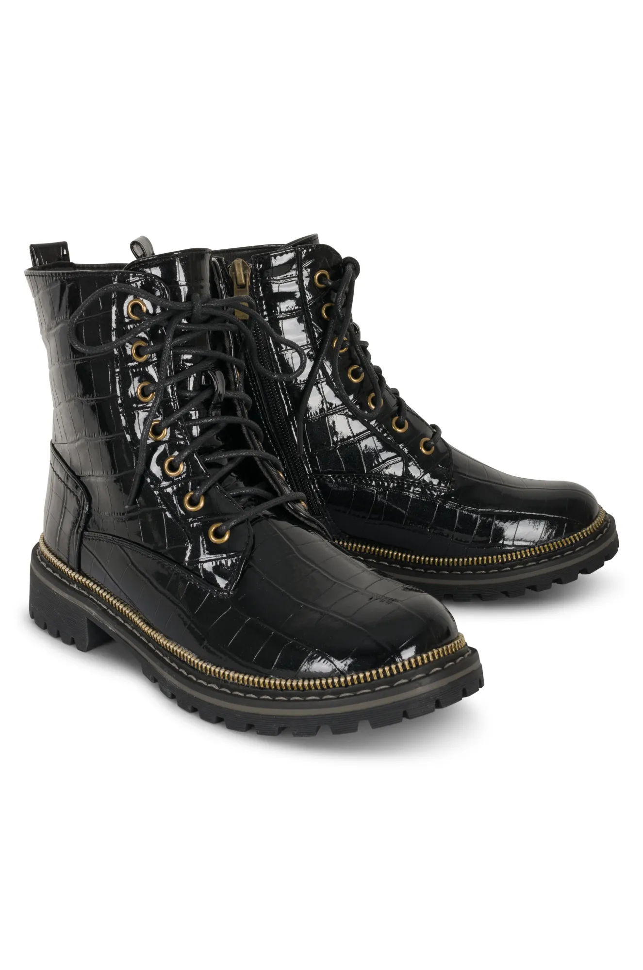 Black Croc-Embossed Lace-Up Ankle Boots | REGAN ZZ