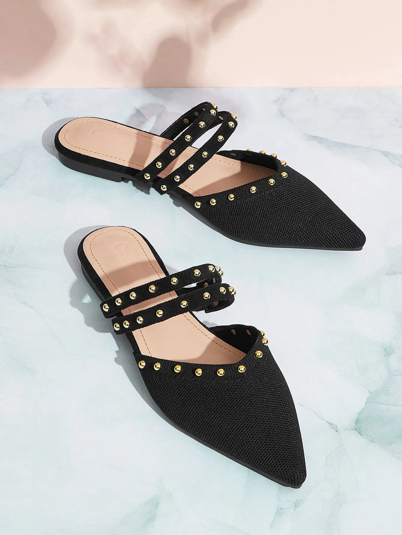 Summer Sale Pointed Toe Black Flat Mules with Rivets and Knot Detail for College Students - Womens Elegant Vacation Shoes