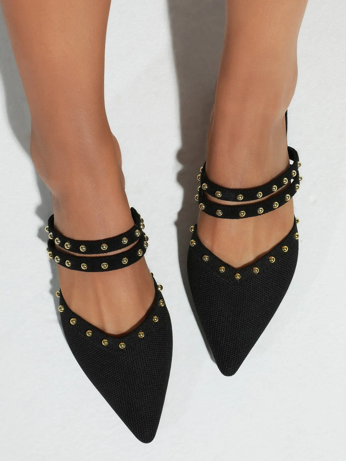 Summer Sale Pointed Toe Black Flat Mules with Rivets and Knot Detail for College Students - Womens Elegant Vacation Shoes