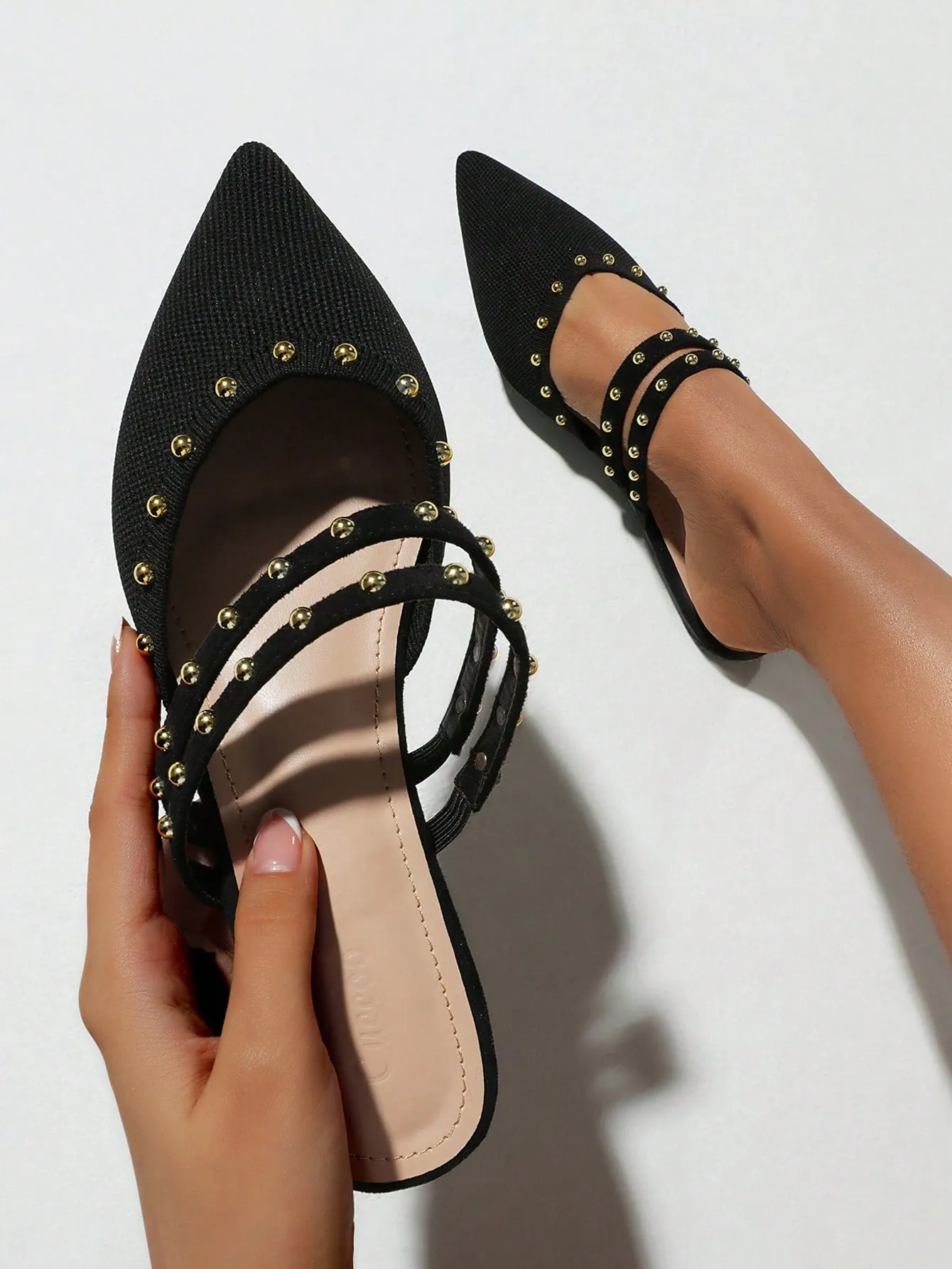 Summer Sale Pointed Toe Black Flat Mules with Rivets and Knot Detail for College Students - Womens Elegant Vacation Shoes