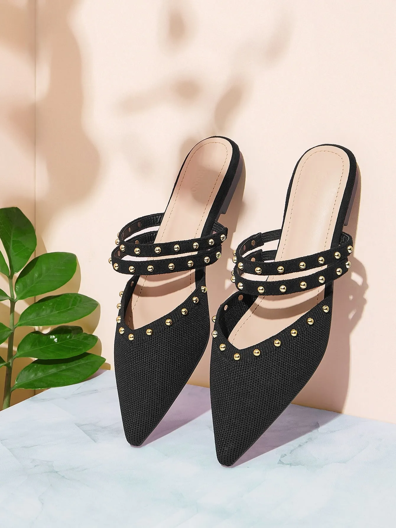 Summer Sale Pointed Toe Black Flat Mules with Rivets and Knot Detail for College Students - Womens Elegant Vacation Shoes