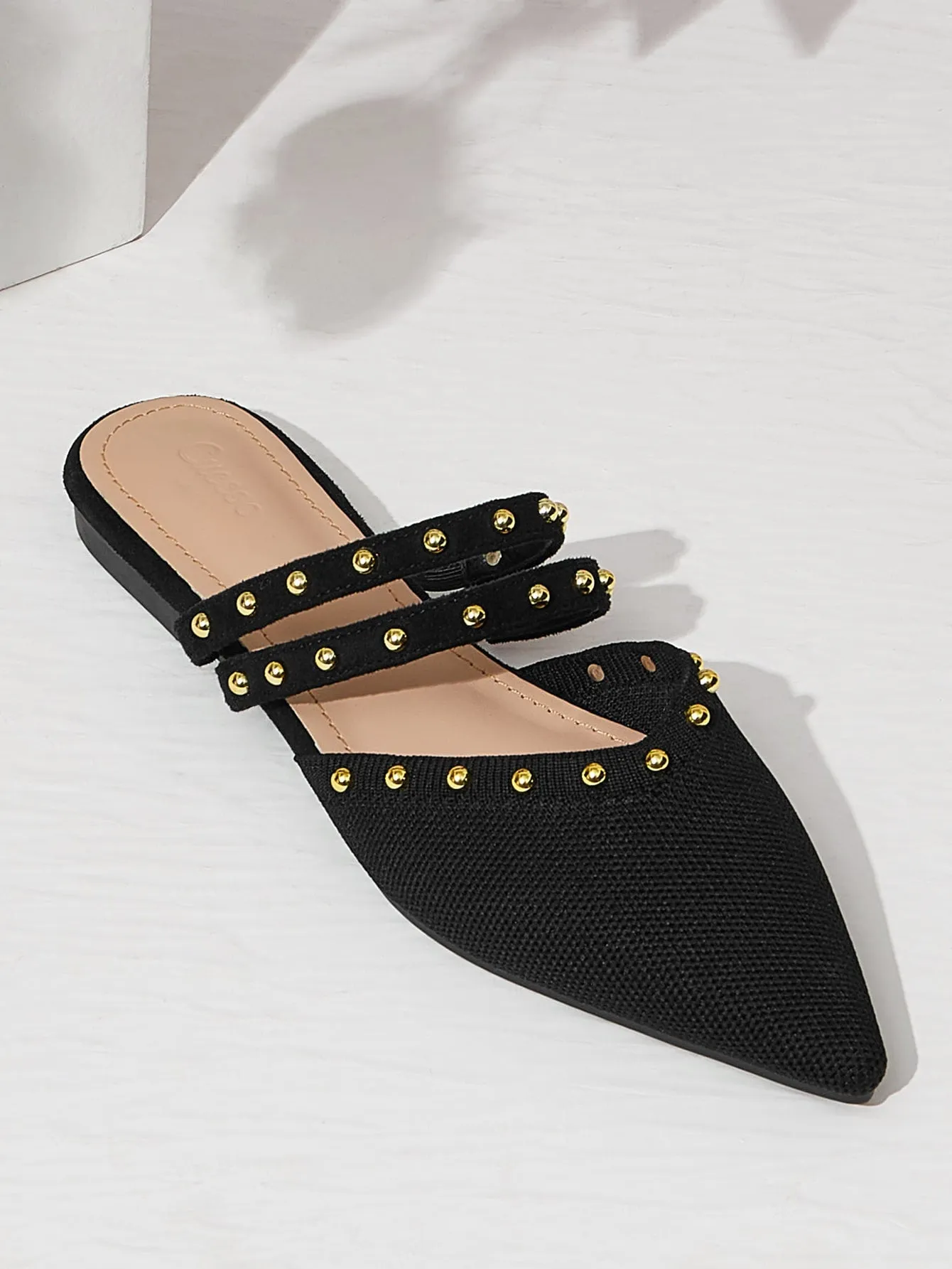Summer Sale Pointed Toe Black Flat Mules with Rivets and Knot Detail for College Students - Womens Elegant Vacation Shoes