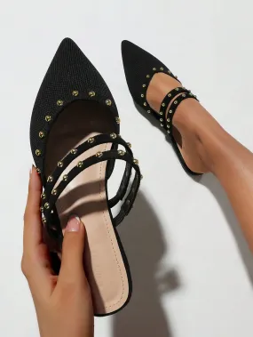 Summer Sale Pointed Toe Black Flat Mules with Rivets and Knot Detail for College Students - Womens Elegant Vacation Shoes