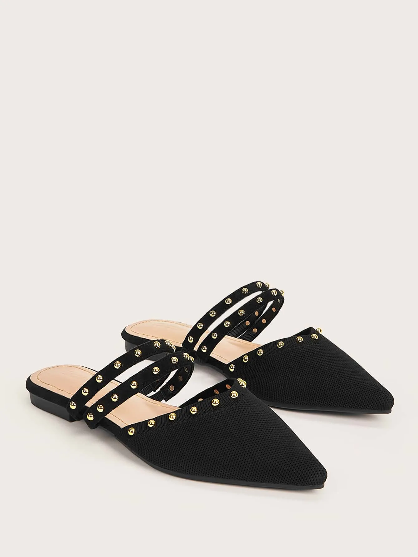 Summer Sale Pointed Toe Black Flat Mules with Rivets and Knot Detail for College Students - Womens Elegant Vacation Shoes