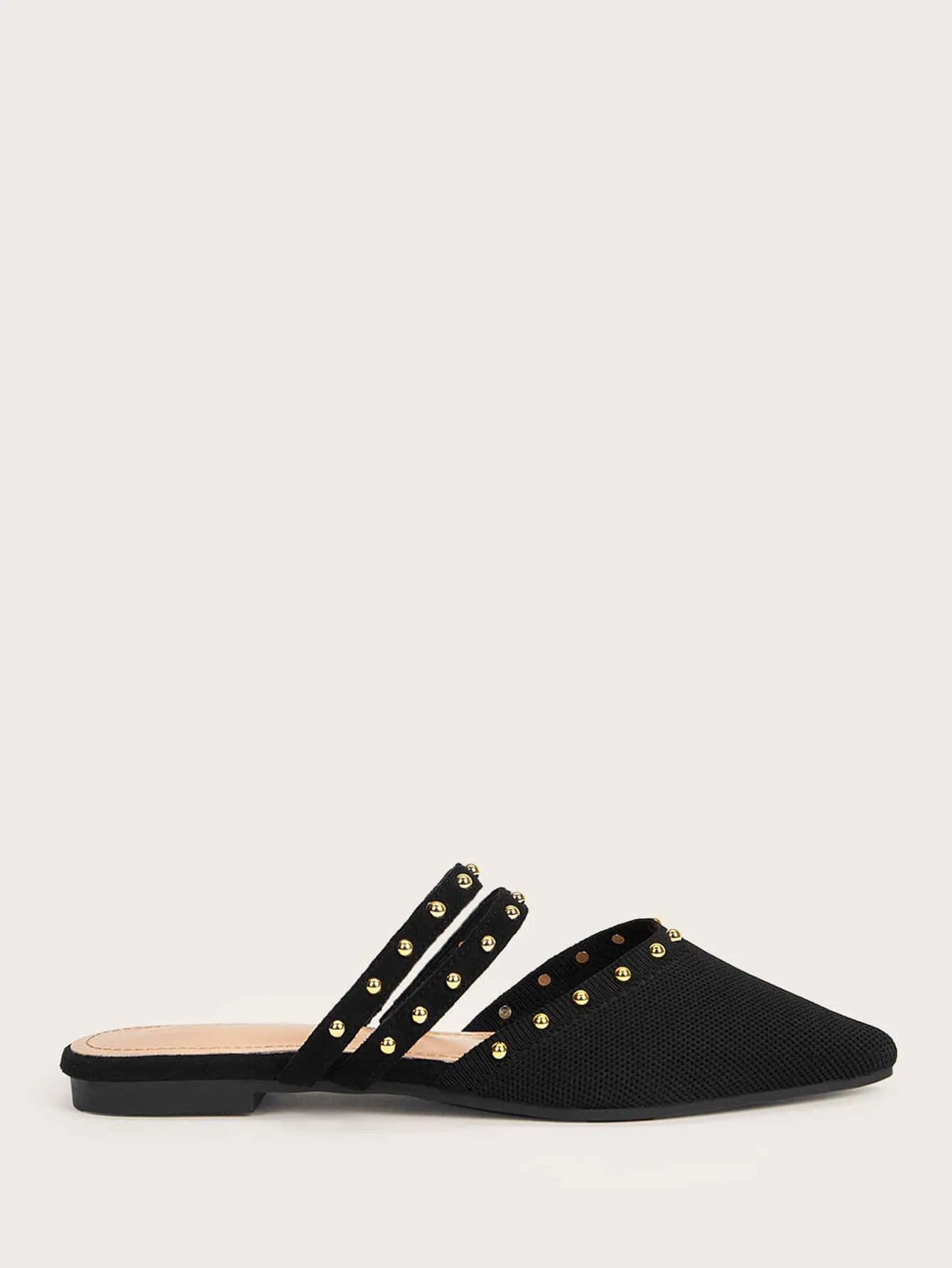 Summer Sale Pointed Toe Black Flat Mules with Rivets and Knot Detail for College Students - Womens Elegant Vacation Shoes