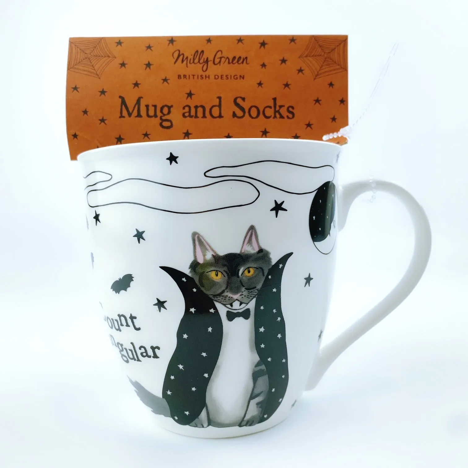 Milly Green British Design Halloween Count Fangula Cat Coffee Mug and Sock Set - Perfect for Spooky Season Gifts and Cozy Sips!