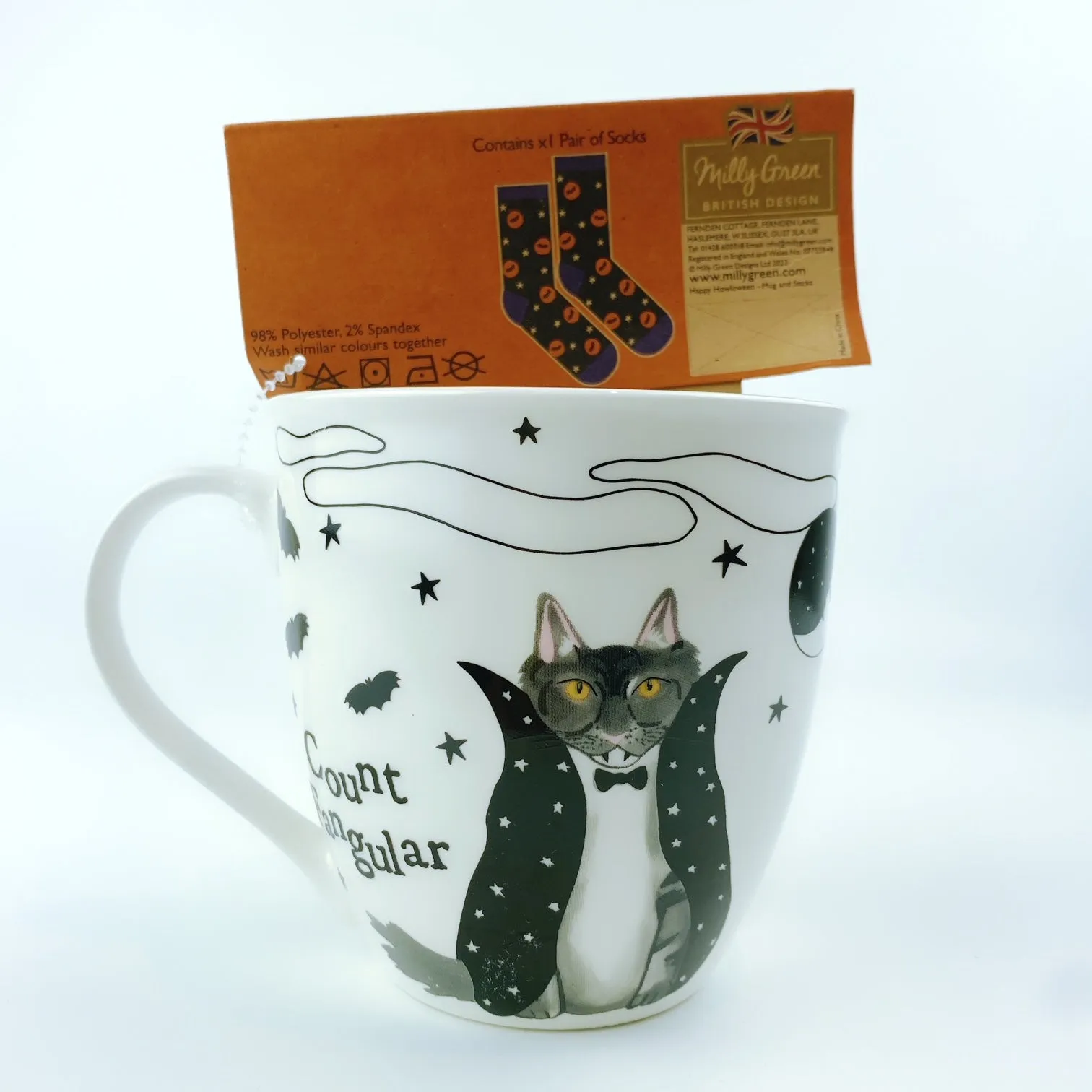Milly Green British Design Halloween Count Fangula Cat Coffee Mug and Sock Set - Perfect for Spooky Season Gifts and Cozy Sips!